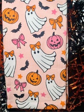 2 Halloween Ghosts Bows Pumpkins Kitchen Towels Pink Orange White Black Bats
